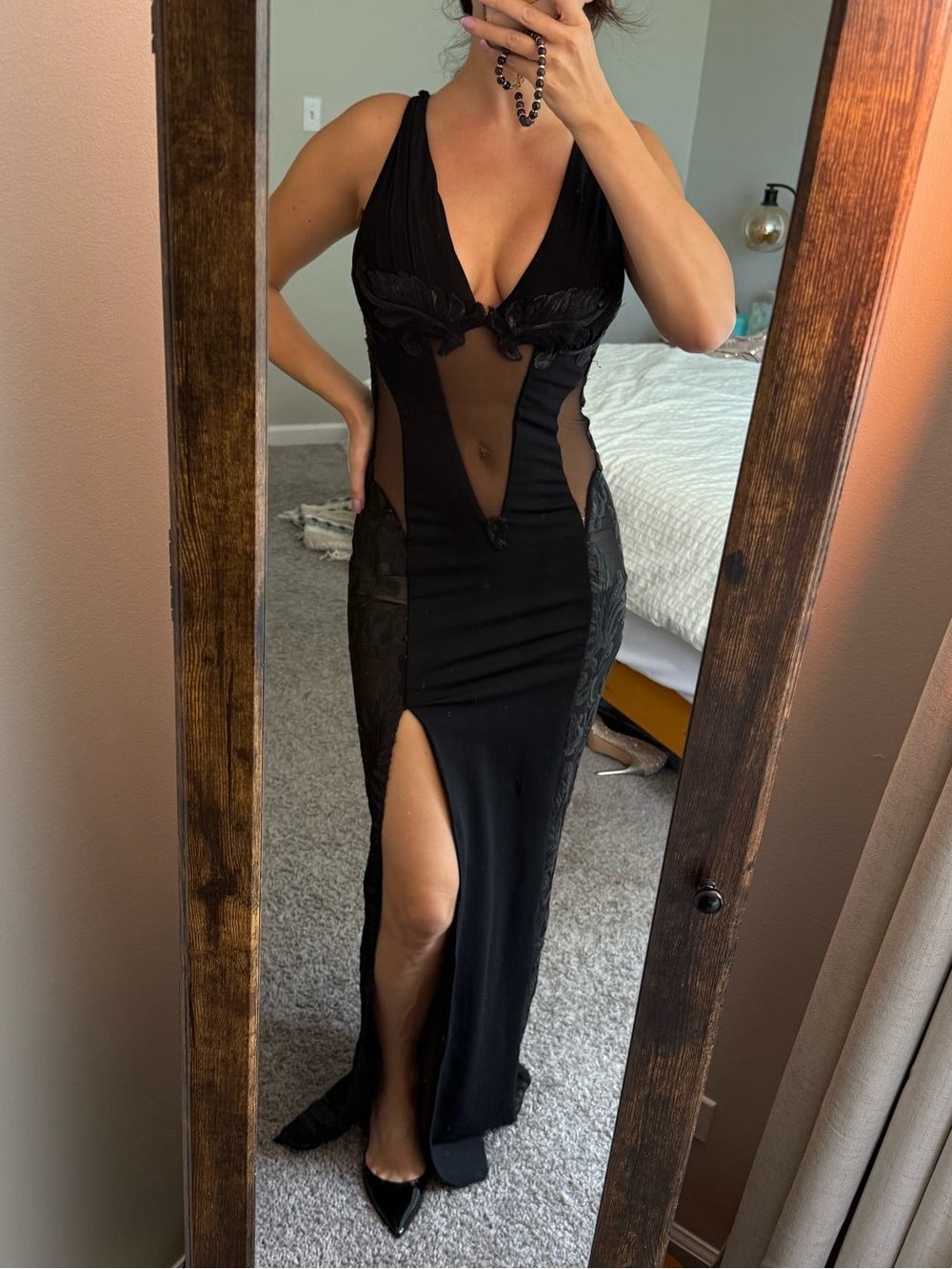 Sexy Black Mesh Panel Evening Gown with Thigh Slit